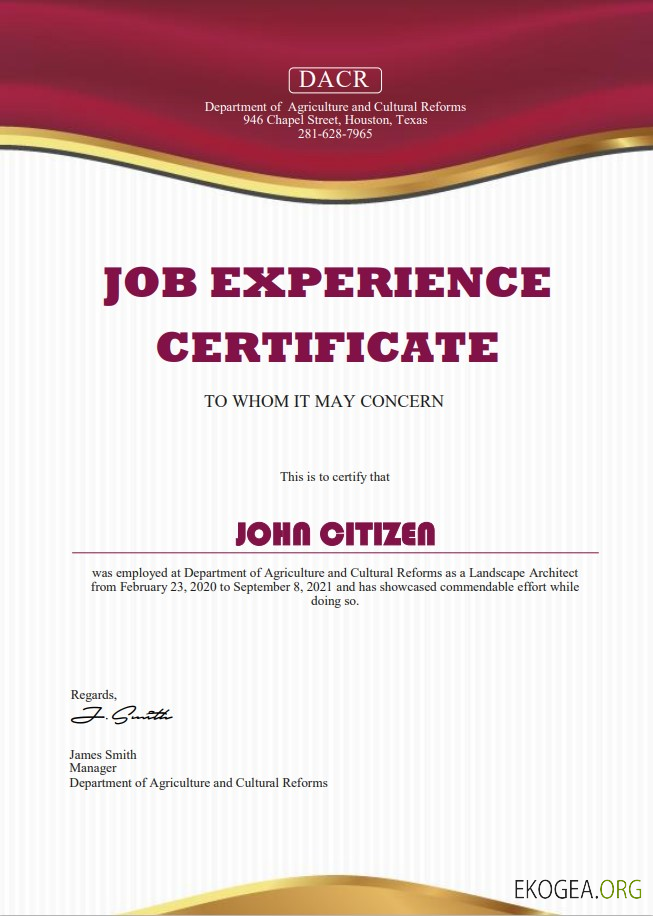 Certificat d'expérience professionnelle aux États-Unis template